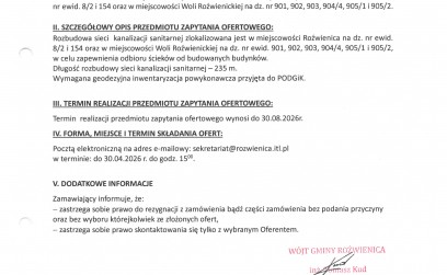 Zapytanie ofertowe - Rozbudowa sieci kanalizacji sanitarnej PVC 200 zlokalizowanej w miejscowości Roźwienica na dz. nr ewid. 8/2 i 154 oraz w miejscowości Woli Roźwienickiej na dz. nr 901, 902, 903, 904/4, 905/1 i 905/2. 