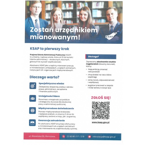Nabór do kształcenia stacjonarnego na urzędnika mianowanego KSAP - informacja.