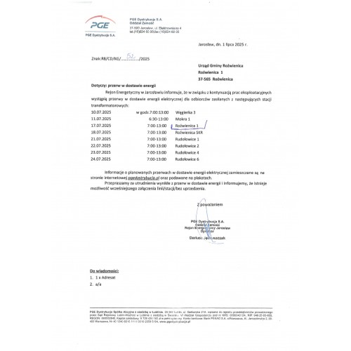 Przerwy w dostawie energii na terenie Gminy Roźwienica!