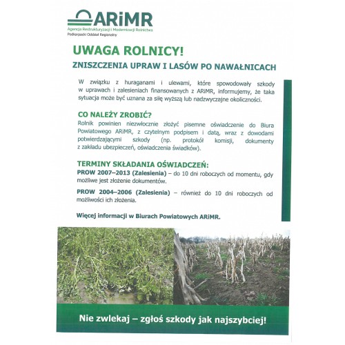 Zgłaszanie szkód po huraganach i ulewach – ważne informacje od ARiMR.