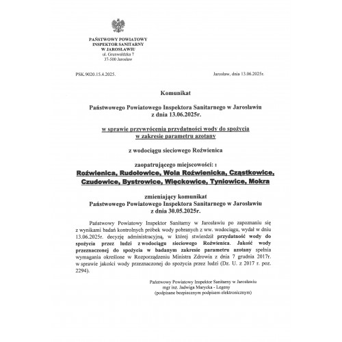 UWAGA! Przywrócenie przydatności wody do spożycia w zakresie parametru azotany.