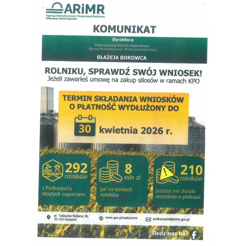 Komunikat Dyrektora Podkarpackiego Oddziału Regionalnego ARiMR.