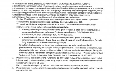 Wydłużenie terminu akcji informacyjnej dotyczącej rozbudowy drogi wojewódzkiej nr 881
