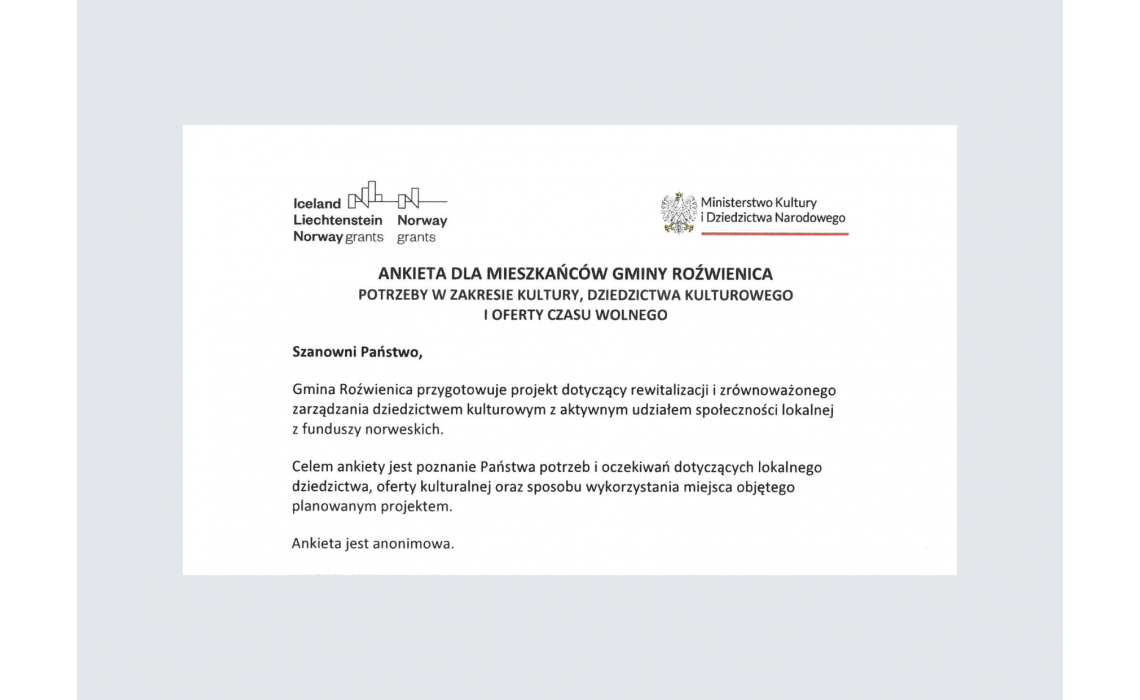 ANKIETA DLA MIESZKAŃCÓW GMINY ROŹWIENICA – ZAPRASZAMY DO WYPEŁNIENIA! ANKIETA DLA MIESZKAŃCÓW GMINY ROŹWIENICA – ZAPRASZAMY DO WYPEŁNIENIA!