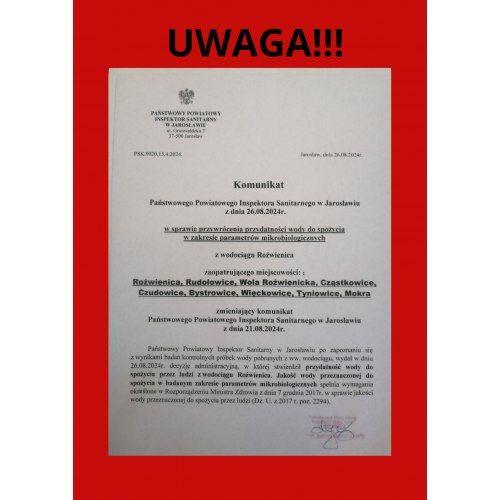 Komunikat o przywróceniu przydatności wody do spożycia!