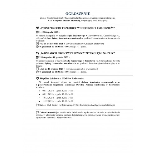 OGŁOSZENIE - VIII Kampania Przeciw Przemocy OGŁOSZENIE - VIII Kampania Przeciw Przemocy