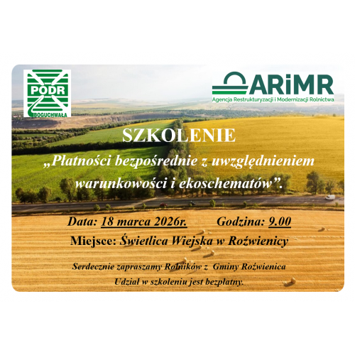 Zaproszenie na szkolenie - Płatności bezpośrednie z uwzględnieniem warunkowości i ekoschematów. Zaproszenie na szkolenie - Płatności bezpośrednie z uwzględnieniem warunkowości i ekoschematów.