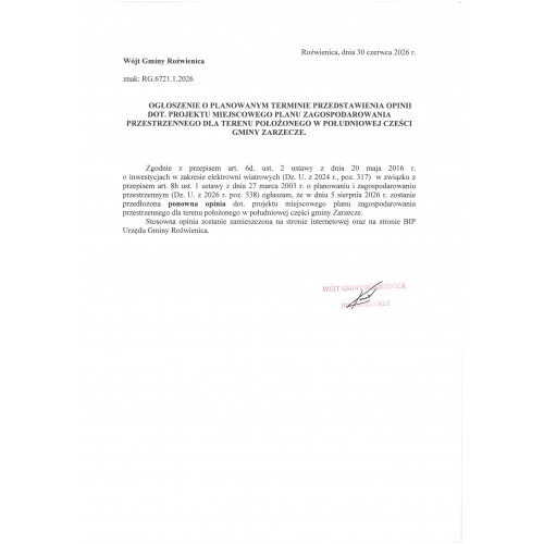 Obwieszczenie o planowanym terminie przedstawienia opinii dot. projektu miejscowego planu zagospodarowania przestrzennego dla terenu położonego w południowej części Gminy Zarzecze.