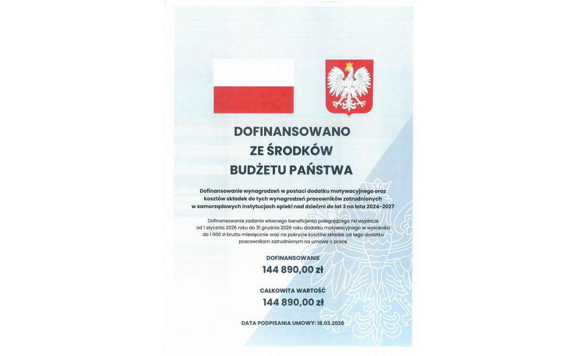 Dofinansowanie wynagrodzeń w postaci dodatku motywacyjnego oraz kosztów składek od tych wynagrodzeń pracowników zatrudnionych w samorządowych instytucjach opieki nad dziećmi do lat 3 na lata 2024-2027. Dofinansowanie wynagrodzeń w postaci dodatku motywacyjnego oraz kosztów składek od tych wynagrodzeń pracowników zatrudnionych w samorządowych instytucjach opieki nad dziećmi do lat 3 na lata 2024-2027.